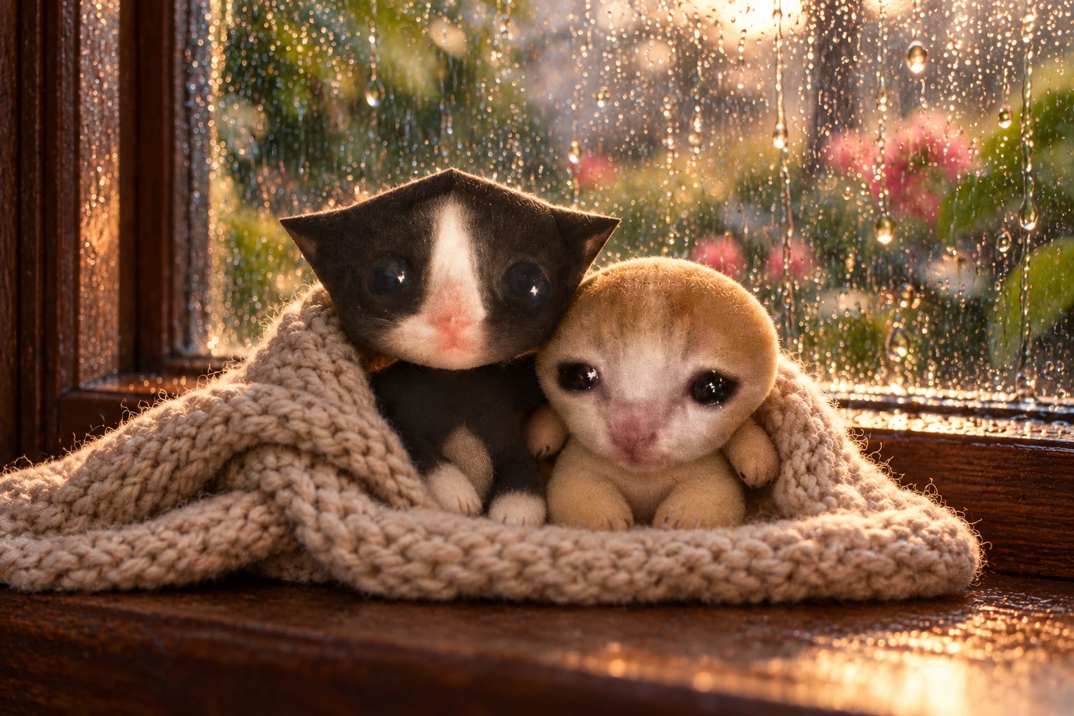 Micro and Mini sharing a blanket on a rainy windowsill