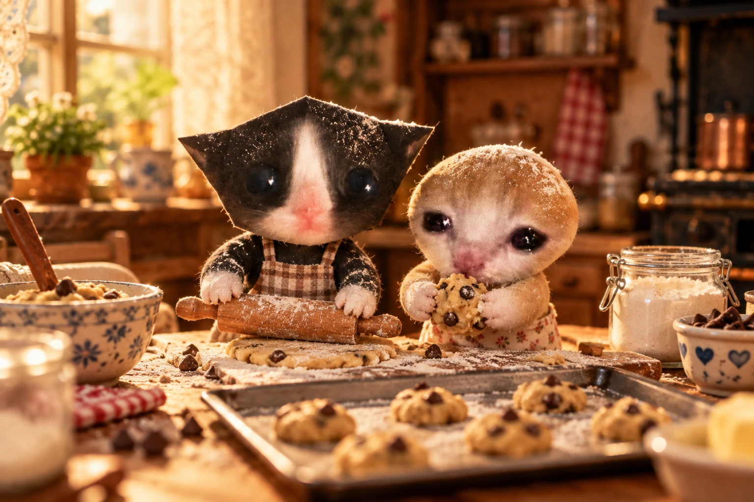 Micro and Mini baking cookies together in a tiny kitchen