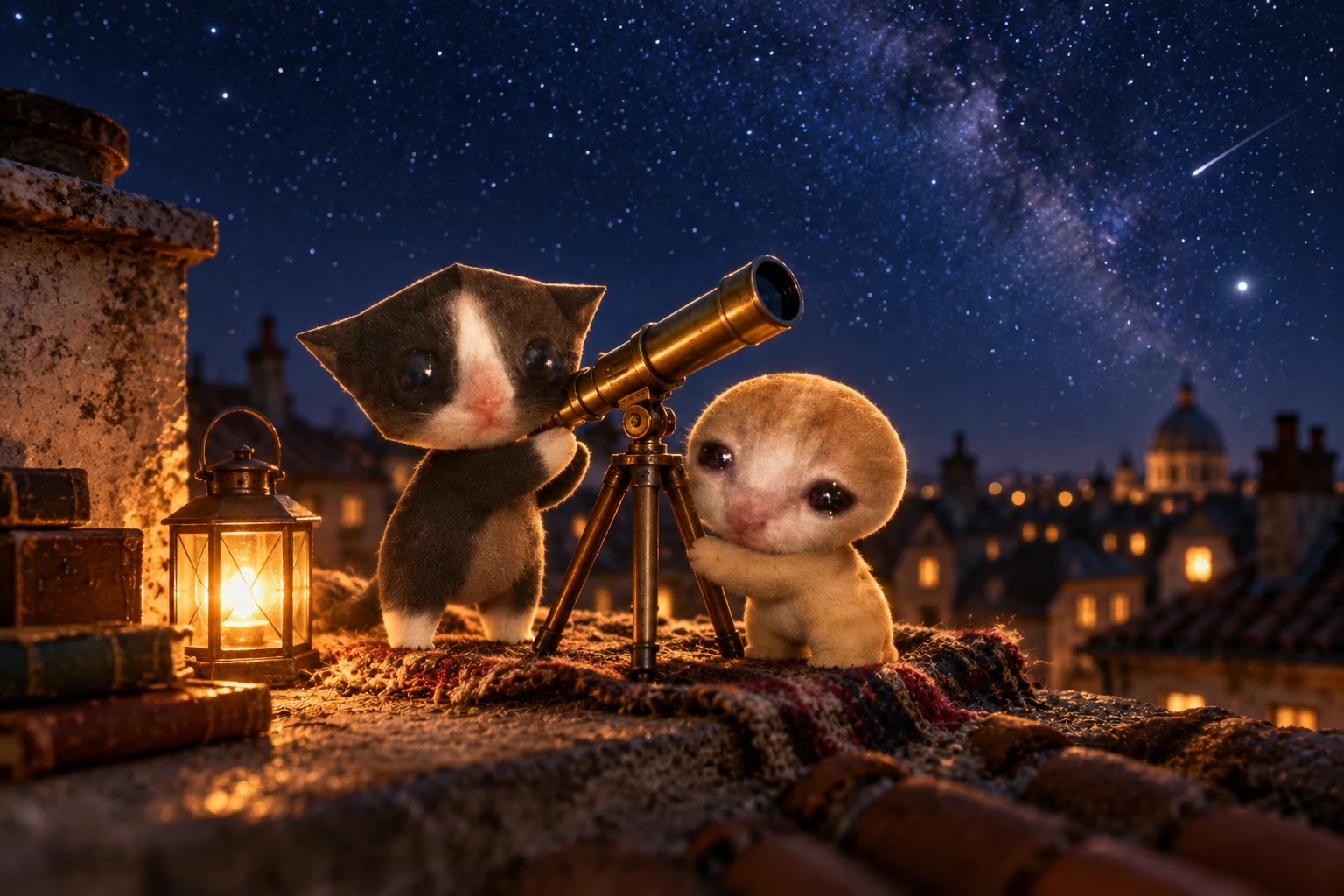 Micro and Mini watching stars with a telescope on a rooftop