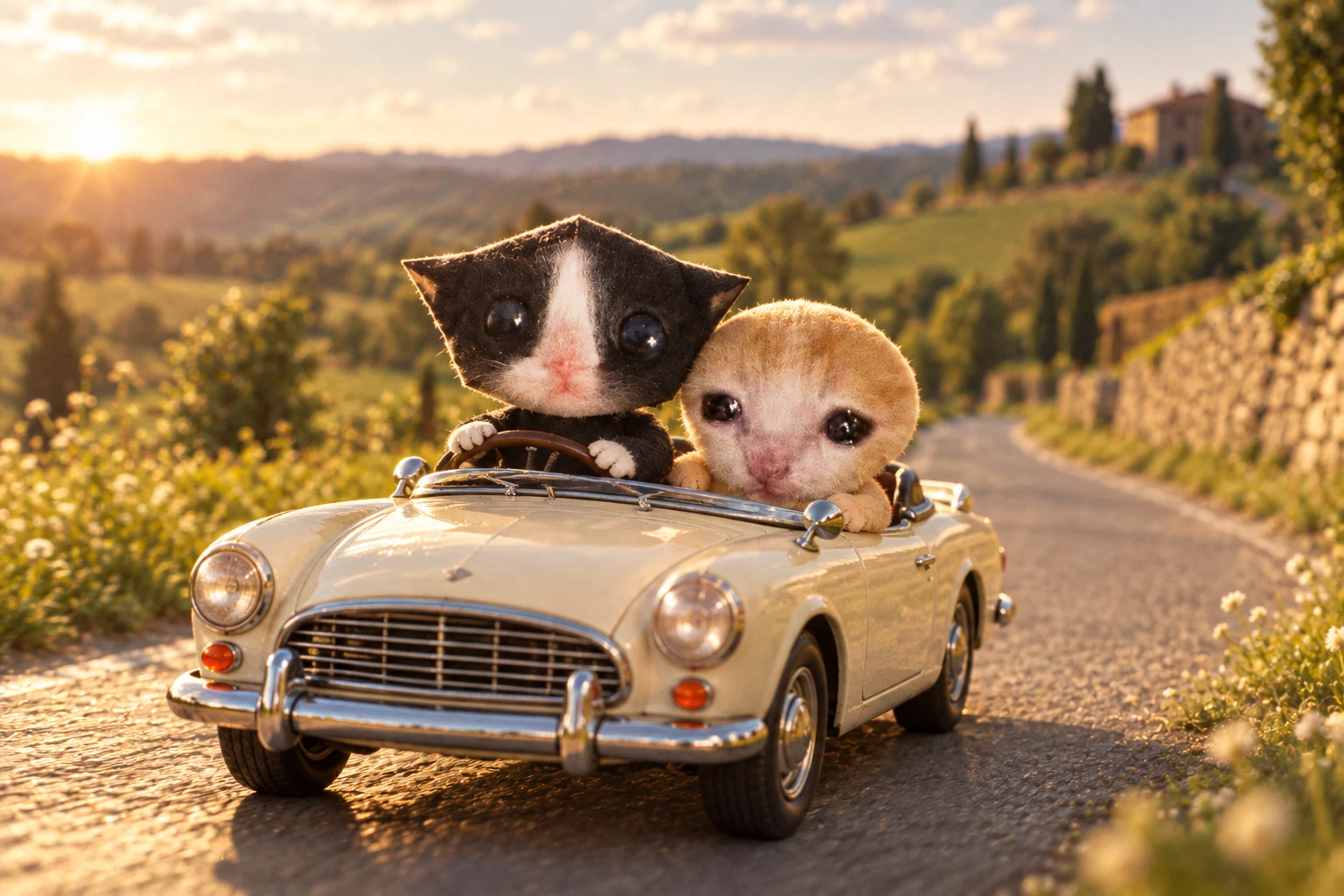 Micro and Mini on a countryside road trip in a small vintage toy car