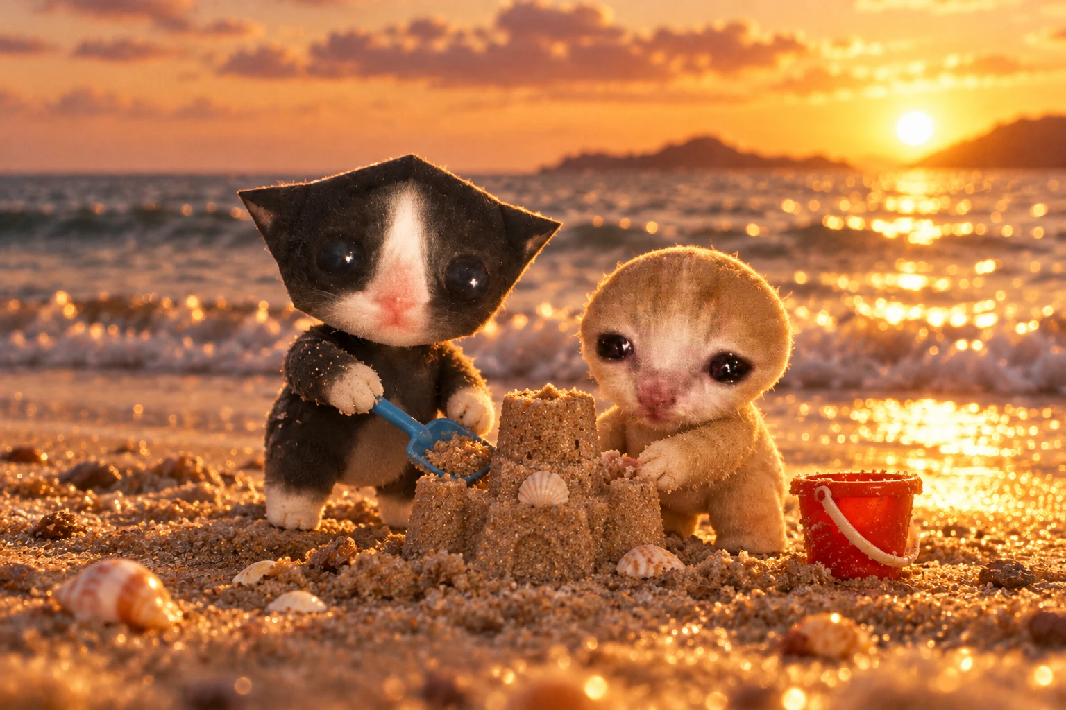 Micro and Mini building a sandcastle together on a beach at sunset